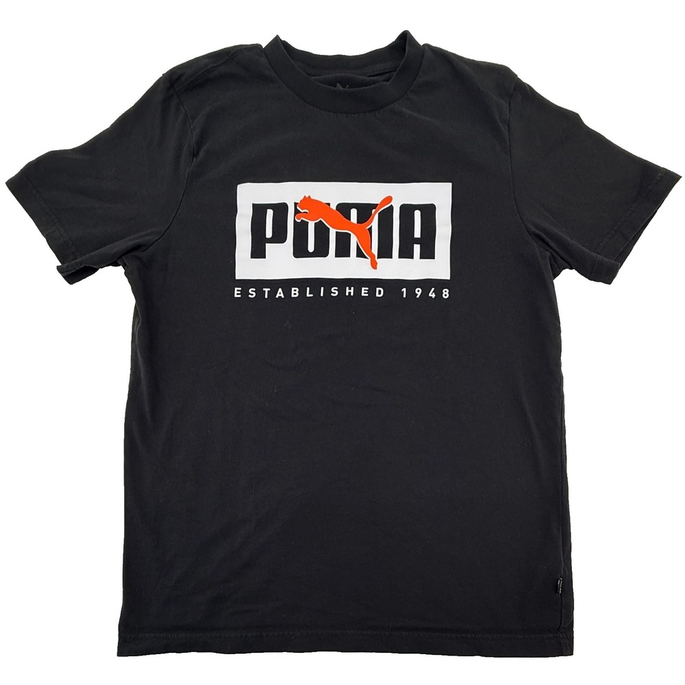 Puma Mens‎ Medium Black Graphic Logo T Shirt Orange Cat Athletic Tee